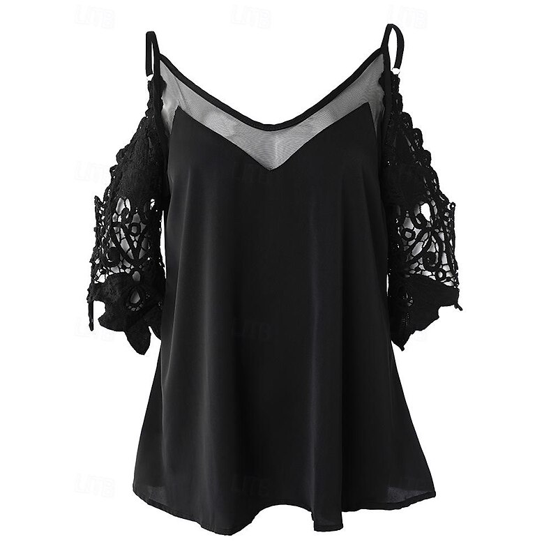 Shirt Blouse Women's Black Plain Lace Cold Shoulder Street Daily Fashion V Neck Regular Fit S4