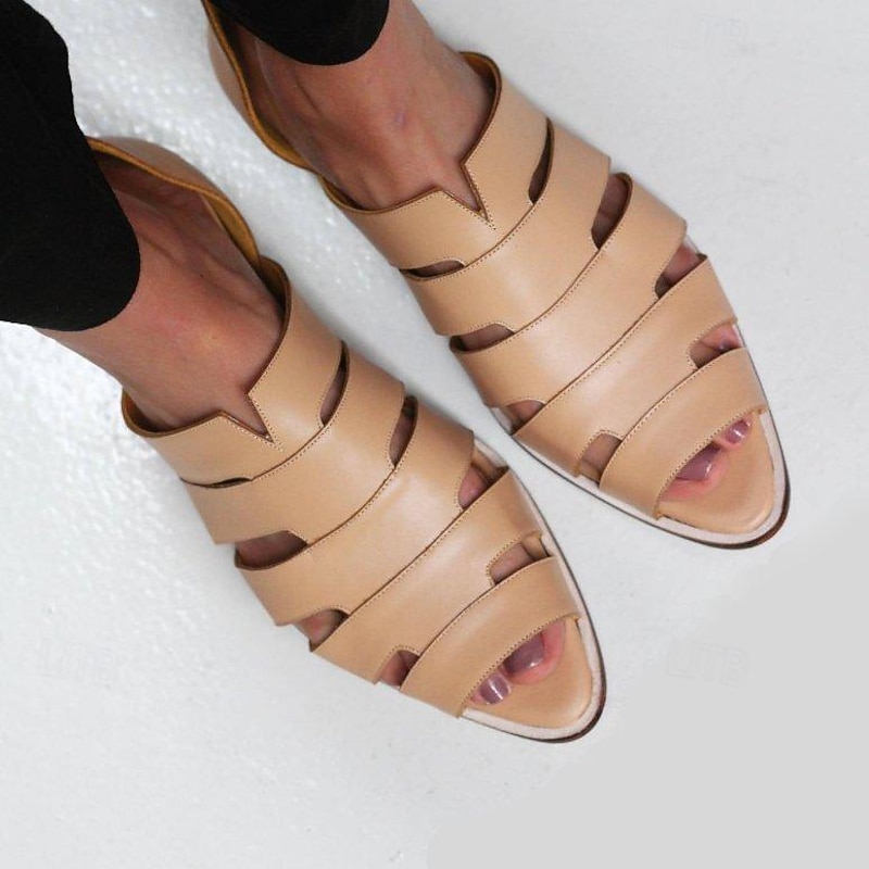 Women's Nude Faux Leather Cutout Sandals – Minimalist Fisherman Style Flats for Summer Travel, Walking & Casual Outfits2