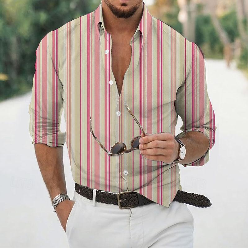 Men's Shirt Summer Shirt Casual Shirt Beach Shirt Button Up Shirt Striped Shirts Yellow Pink Coffee Light Blue Long Sleeve Stripes Turndown Vacation Hawaiian Button-Down Clothing Apparel Polyester