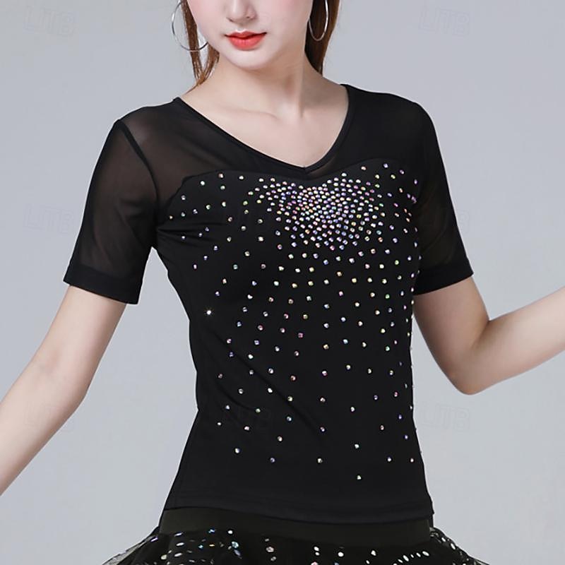 Latin Dance Ballroom Dance Top Pure Color Splicing Crystals / Rhinestones Women's Performance Training Short Sleeve High Terylene2