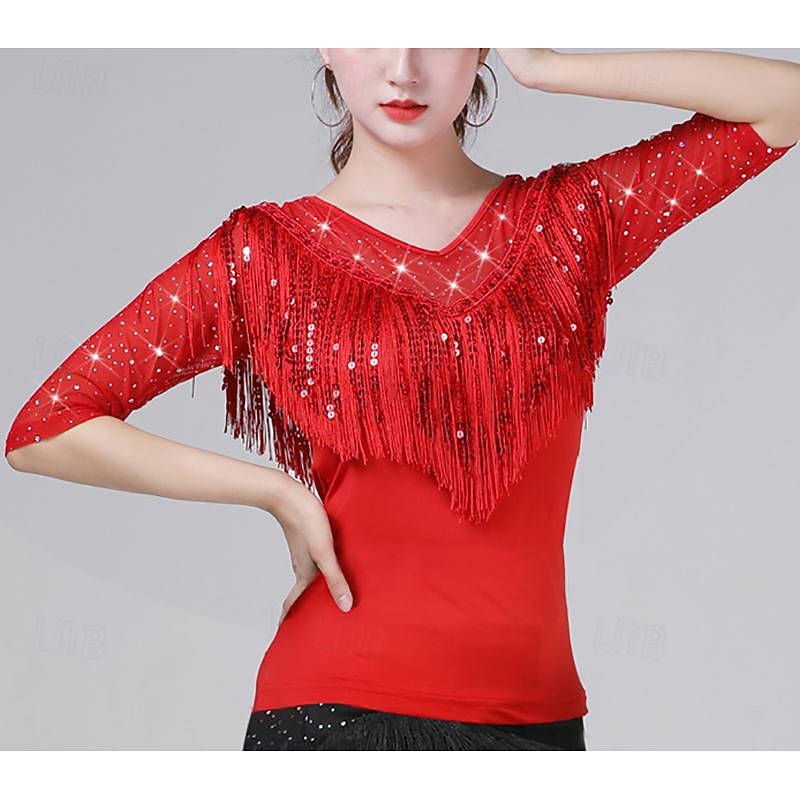 Latin Dance Ballroom Dance Top Tassel Pure Color Splicing Women's Performance Training Half Sleeve High Polyester2