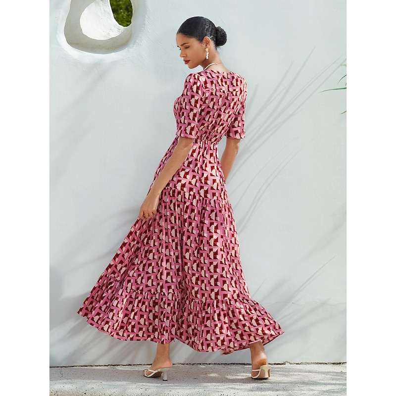 Women's Resort Wear Long Dress Maxi Dress Pink Short Sleeve Geometic Drawstring Spring & Summer V Neck beach vacation S M L2