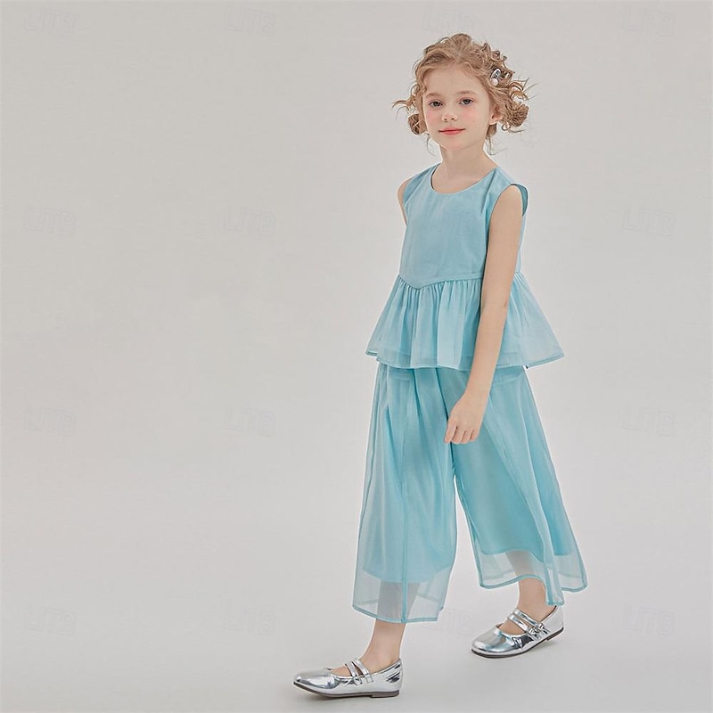 2 Pieces Kids Girls' Solid Color Pants Suit Set Sleeveless Fashion Outdoor 3-7 Years Summer Blue3
