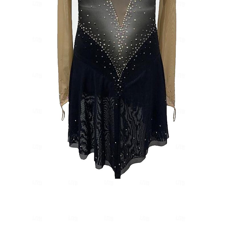 Figure Skating Dress Women's Girls' Ice Skating Dress Black Patchwork Thumbhole Mesh Spandex Stretchy Training Practice Professional Skating Wear Crystal / Rhinestone Long Sleeve Ice Skating Figure4