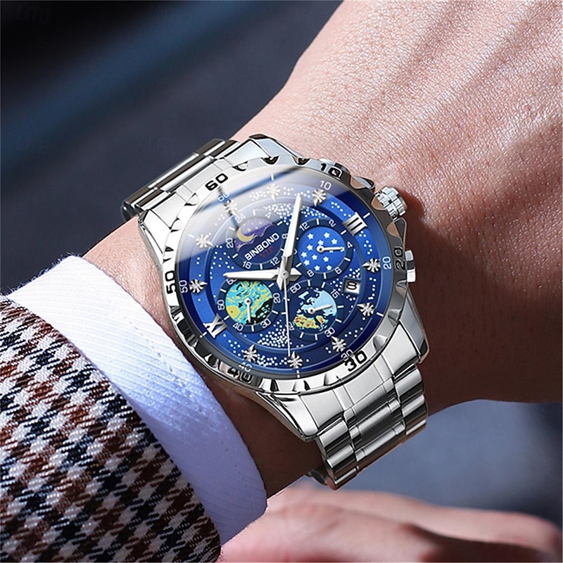BINBOND Men Quartz Watch Fashion Business Wristwatch Moon phase Luminous Calendar Waterproof Steel Watch4