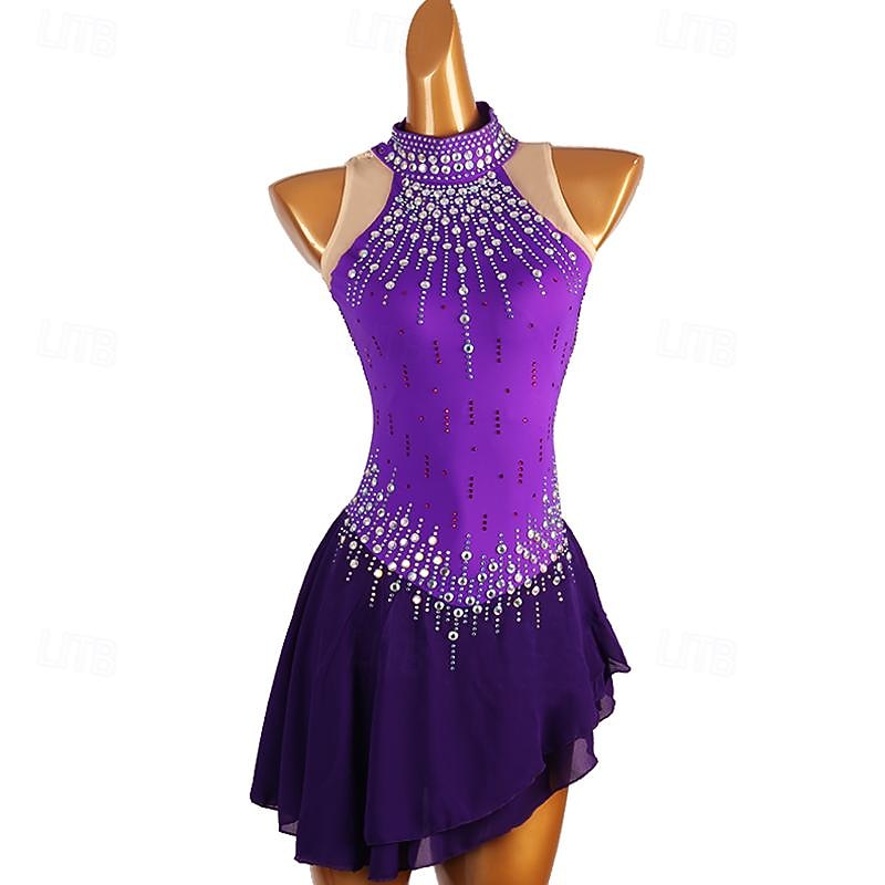 Figure Skating Dress Women's Girls' Ice Skating Dress Purple Patchwork Open Back Mesh Spandex High Elasticity Training Competition Skating Wear Classic Crystal / Rhinestone Sleeveless Ice Skating