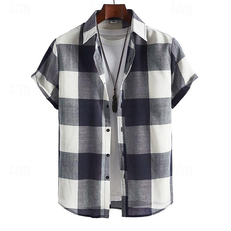 Men's Shirt Summer Shirt Casual Shirt Beach Shirt Button Up Shirt Checked Shirts Navy Blue Short Sleeve Plaid Turndown Vacation Hawaiian Clothing Apparel Polyester Fashion Casual Comfortable2