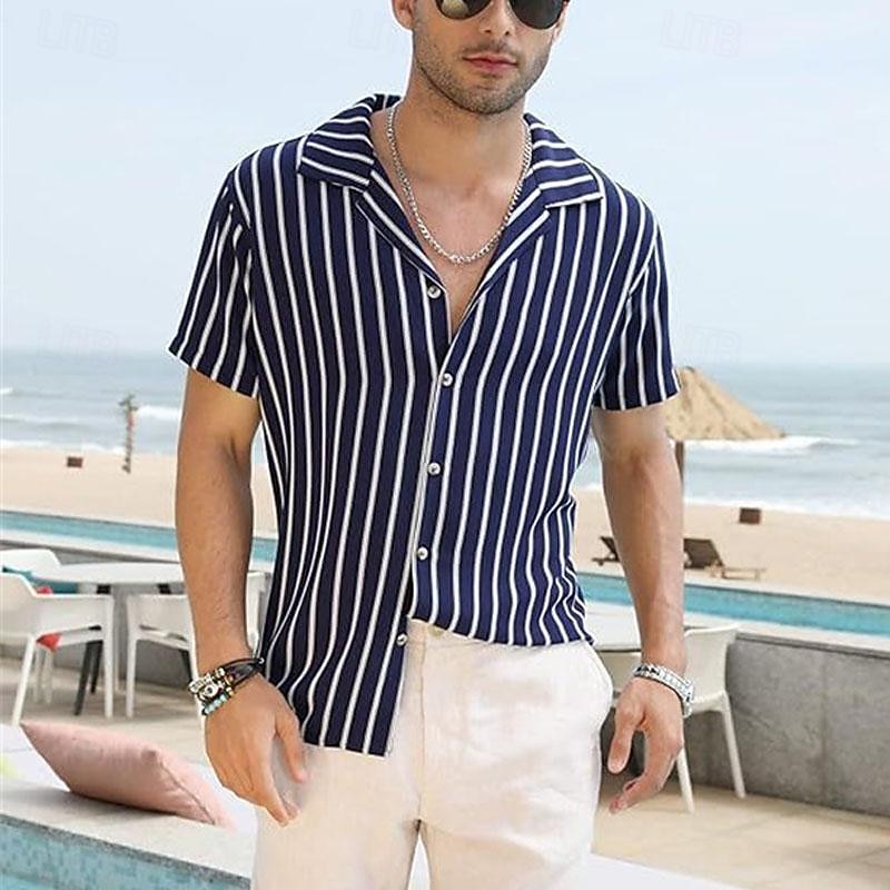 Men's Shirt Summer Shirt Casual Shirt Beach Shirt Button Up Shirt Black Navy Blue Short Sleeve Stripes Camp Collar Vacation Hawaiian Clothing Apparel Polyester Fashion Casual Comfortable