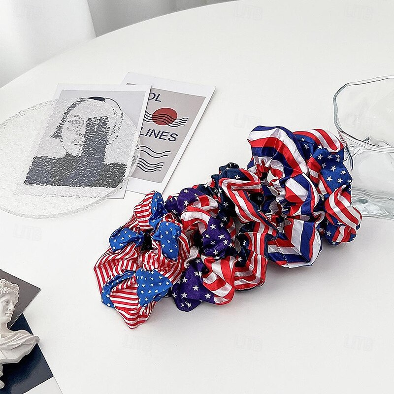 7pcs Patriotic Hair Accessories Set - Vibrant American Flag Scrunchies & Headband - Durable Satin for Independence Day Celebrations - Stylish & Gentle on Hair2