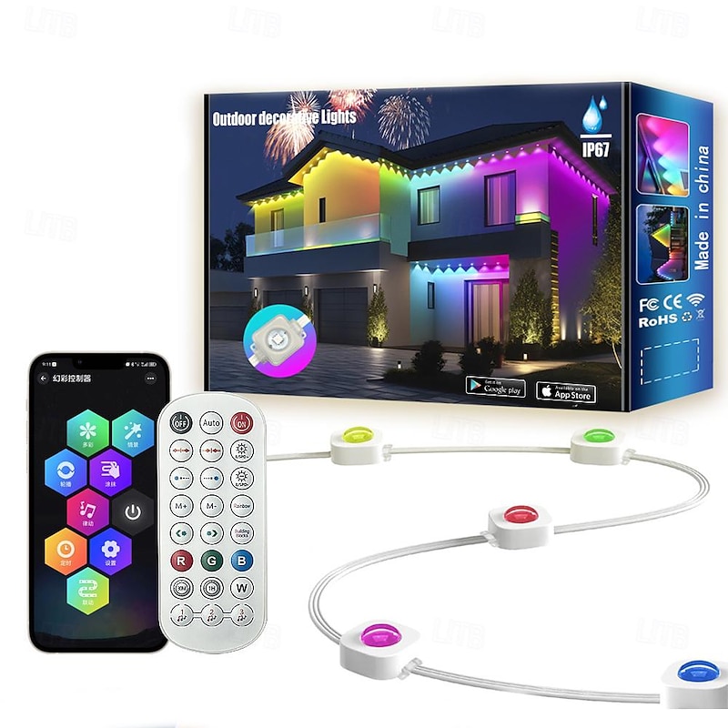 Waterproof IP67 RGBIC LED String Downlights, LED Eave Lights 5m-45m 16FT-148FT String Lights for Outdoor Patio Decoration