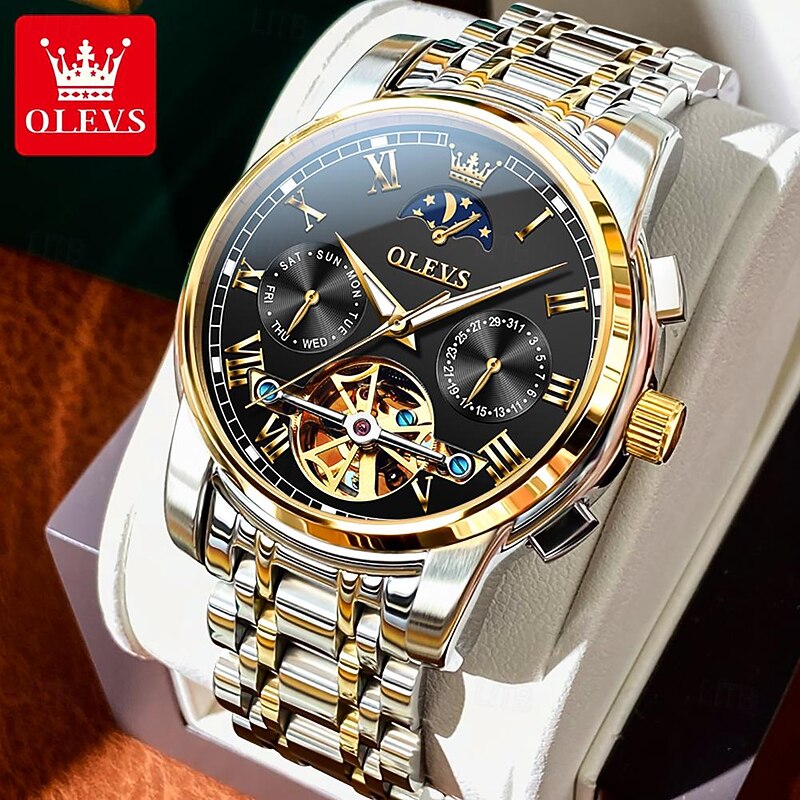 OLEVS Men Mechanical Watch Fashion Business Wristwatch Automatic Self-winding Moon phase Luminous Waterproof Steel Watch