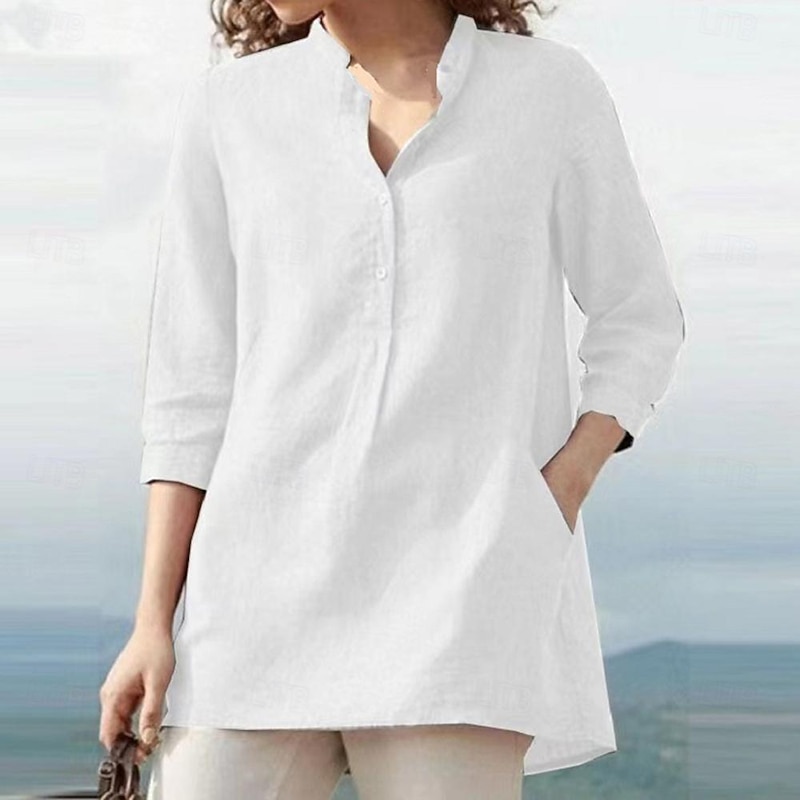 Women's Shirt Blouse Cotton Linen Shirts Plain Casual 3/4 Length Sleeve V Neck Regular Tops Daily Buttons Pocket White Pink Royal Blue Gray Spring & Summer4