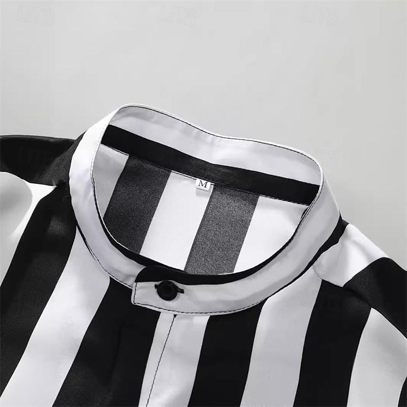 Men's Shirt Chinese Collar Shirt Mandarin Collar Shirt Summer Shirt Casual Shirt Beach Shirt Black Short Sleeve Stripes Grandad Collar Band Collar Vacation Hawaiian Clothing Apparel Polyester Fashion4