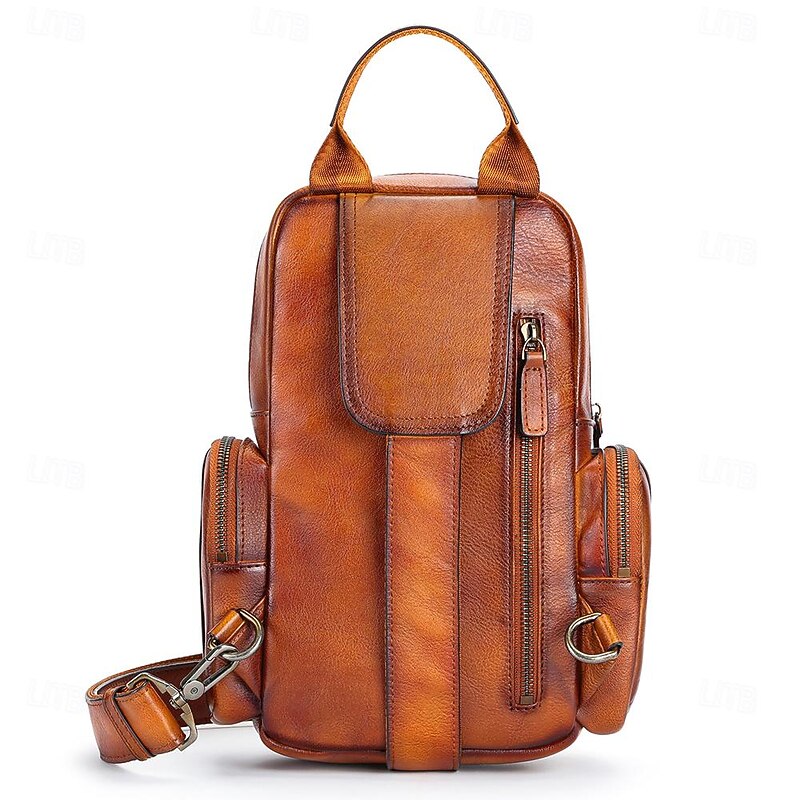 Men's Crossbody Bag Chest Bag Cowhide Office Daily Adjustable Large Capacity Multi Carry Dark Brown2