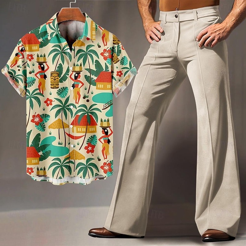 Men's Retro Vintage 1960s Hippie 1970s Disco Outfits Bell Bottom Pants Hawaiian Shirts Hippie Disco Shirt Matching Sets