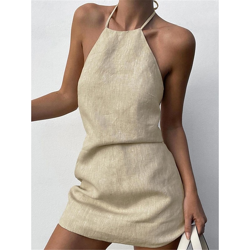 Women's Brown Summer Spring Mini Dress Cotton Linen Dresses Casual Dress Strap Dress Basic Modern Vacation Daily Weekend Loose Fit Plain Halter Neck
