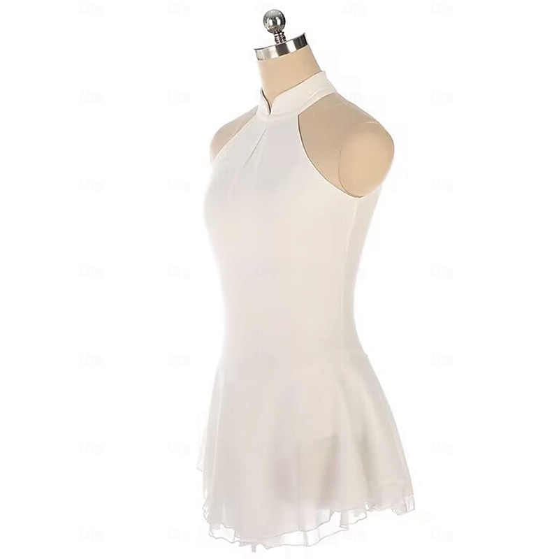 Figure Skating Dress Women's Girls' Ice Skating Dress White Patchwork Thumbhole Mesh Spandex Stretchy Training Practice Professional Skating Wear Thermal Warm Crystal / Rhinestone Sleeveless Ice3