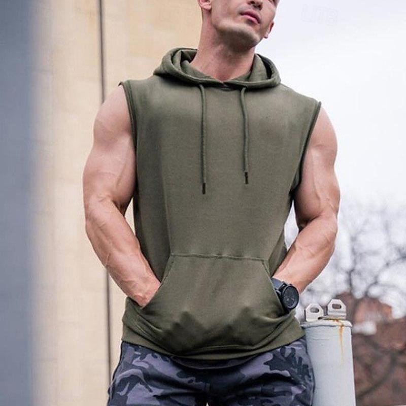 Men's Tank Top Vest Top Undershirt Sleeveless Shirt Sleeveless Hooded Spring & Summer Plain Fashion Designer Basic Front Pocket Vacation Street Going out Black Army Green Gray Top Tee for Men3