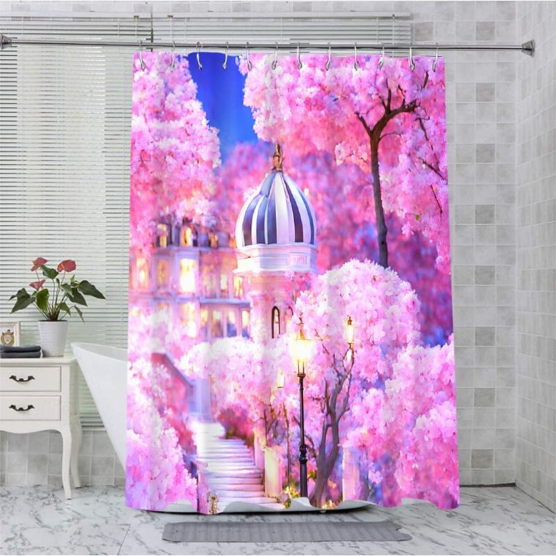 Shower Curtain with Hooks 180cm*180cm(70"*70") Polyester Washable Waterproof Pattern Bathroom Bathtub Decor Romantic Pink Flowers2