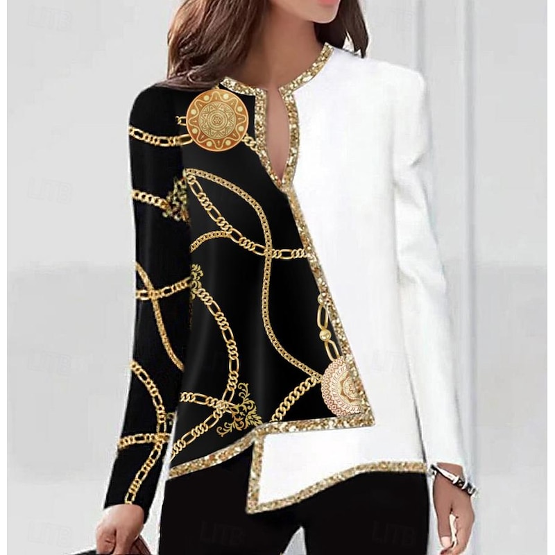 Women's Plus Size Blouse Elegant Vintage Fashion Color Block Print Regular Tops V Neck Work Casual Black White Wine Red Gold Spring Fall4