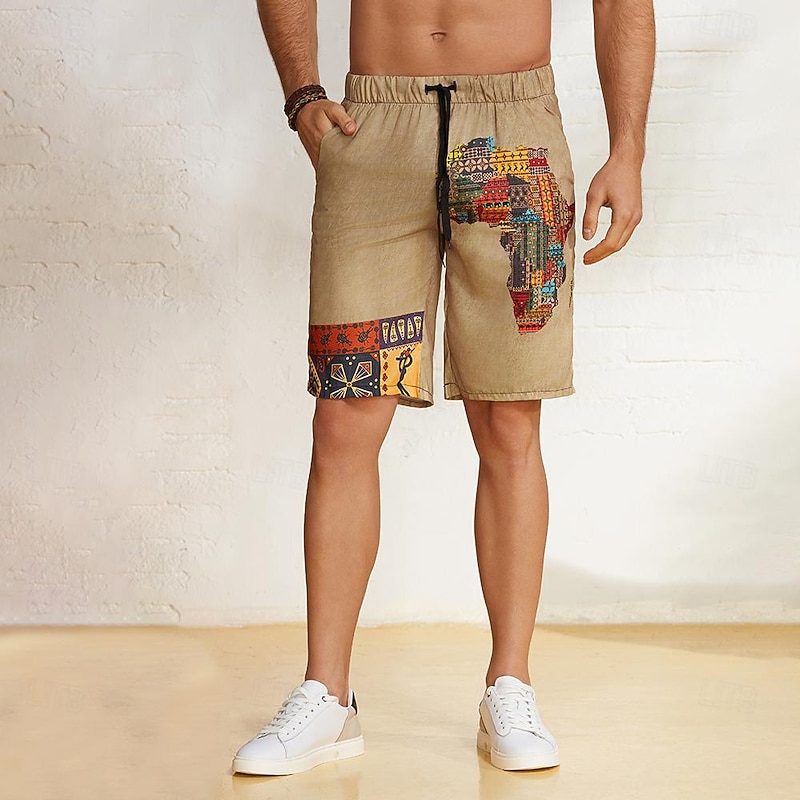 Men's Shorts Summer Shorts Beach Shorts Drawstring Elastic Waist African Map Print Ethnic Style Breathable Soft Short Casual Daily Holiday Designer Clothing