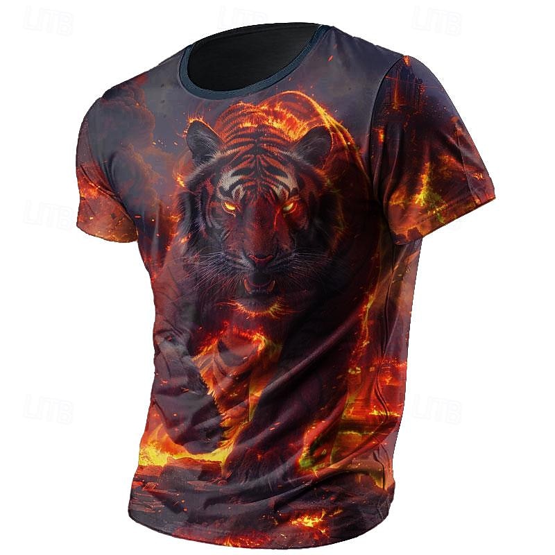 Men's Animal Tiger Flame Mars T Shirt Short Sleeve T shirt 3D Print Crew Neck Shirt Fashion Designer Athleisure Street Sports Outdoor Black 1 Black 2 Summer Spring Clothing Apparel S M L XL XXL XXXL
