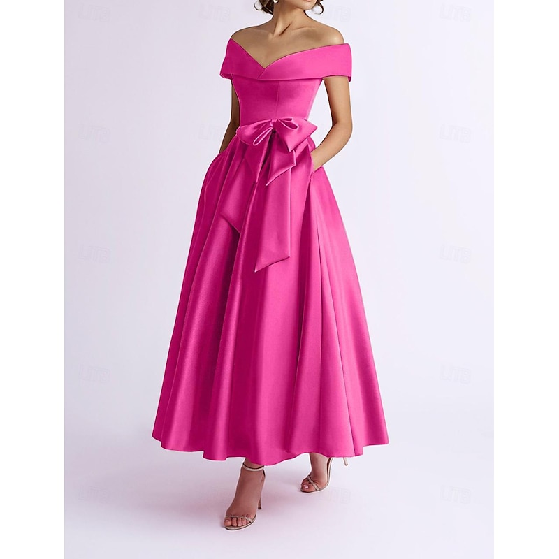 A-Line Cocktail Dresses Elegant Dress Wedding Guest Kentucky Tea Length Short Sleeve Off Shoulder Pocket Satin with Bow(s) Dresses