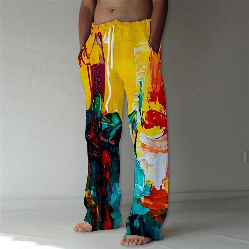Men's Trousers Summer Pants Beach Pants Elastic Drawstring Design Front Pocket Straight Leg Graphic Prints Flame Comfort Soft Casual Daily For Vacation Linen Like Fabric Fashion Designer Yellow Blue2