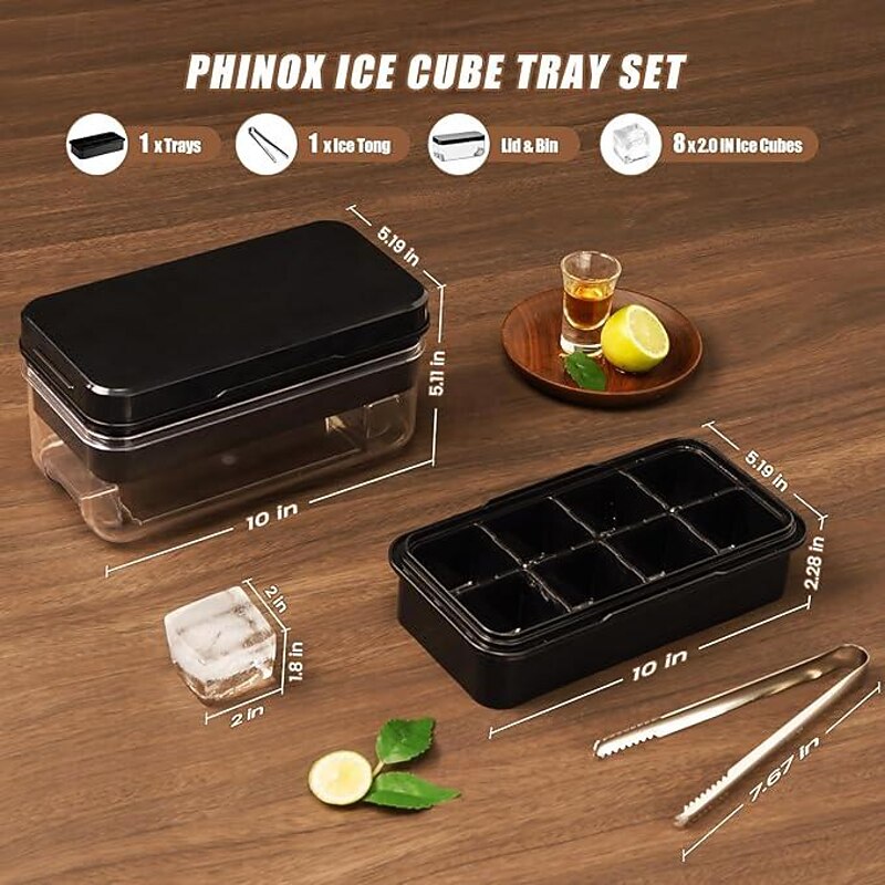 Large Ice Cube Tray with Lid and Bin Ice Trays for Freezer 2 INCH Whiskey Ice Cubes Mold 1*8 pcs Square Ice Cube Mold with Tong Easy to Release Large Ice Tray for Whiskey Cocktail Bourbon2