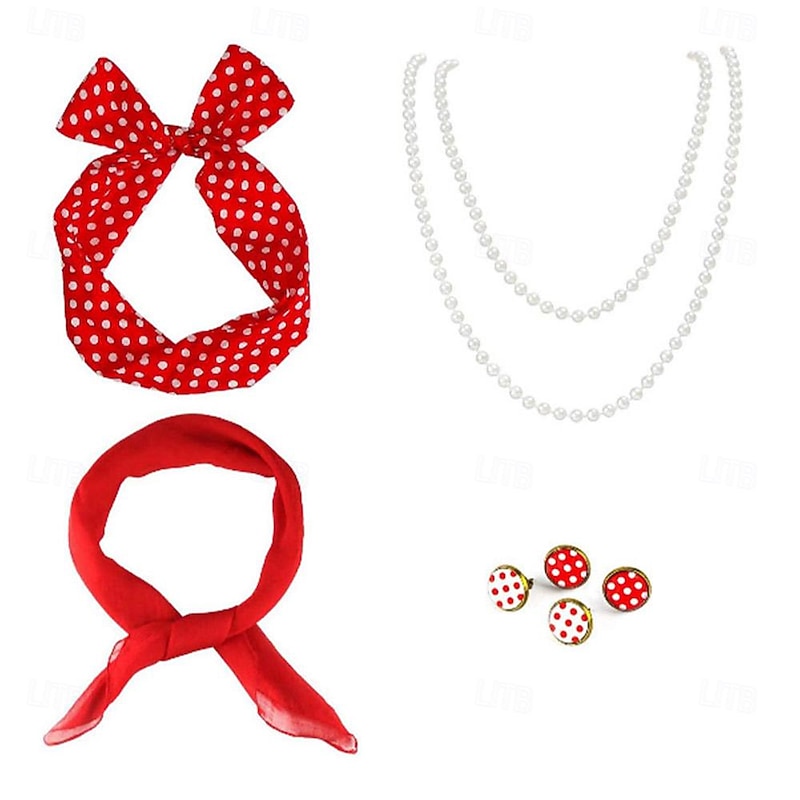 Vintage Polka Dots 1950s Grease Outfits Necklace Headband Accesories Set Polka Dot Fancy Dress Women's Halloween Masquerade Performance Halloween Party Evening Wear Adults Earrings Headband2