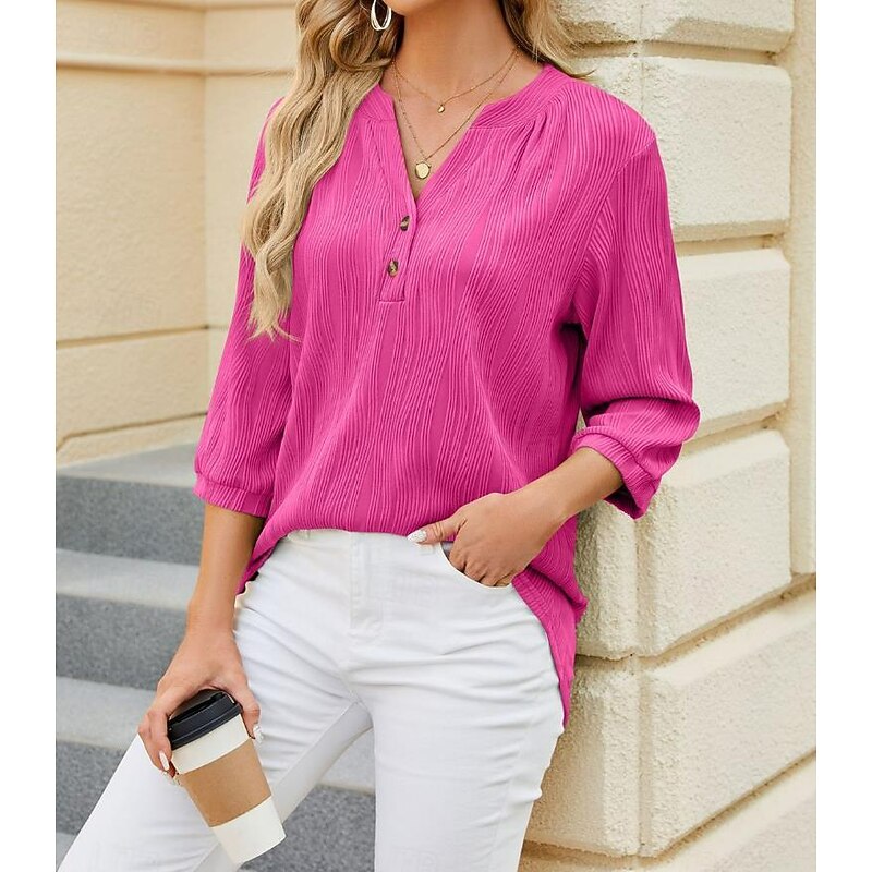 Women's Shirt Basic Lace 3/4 Length Sleeve V Neck Daily Going out White Rose Pink Summer Spring Fall2