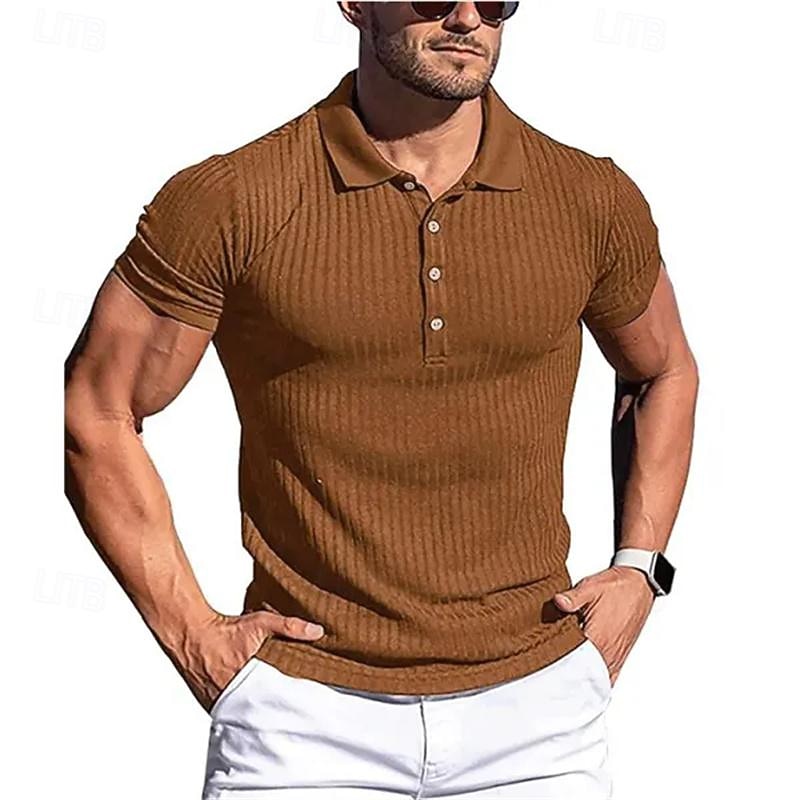 Men's Golf Shirt Golf Polo Work Casual Lapel Short Sleeve Basic Modern Plain Horizontal Stripes Button Spring & Summer Regular Fit White Navy Blue Khaki Light Grey Golf Shirt2