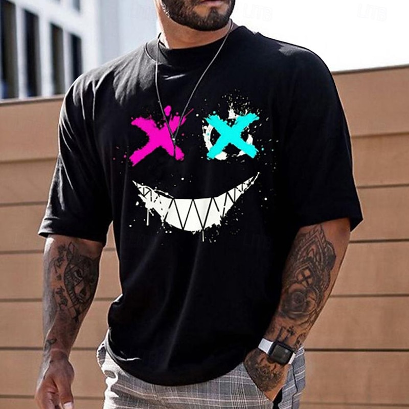 Men's Edgy X-Eye Smiley Face Splatter Graphic Short Sleeve Loose Fit Crew Neck T-Shirt3