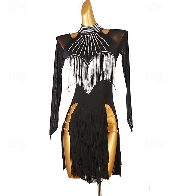 Latin Dance Dress Rhinestone Tassel Women's Girls' Performance Training Long Sleeve High Spandex Tulle4