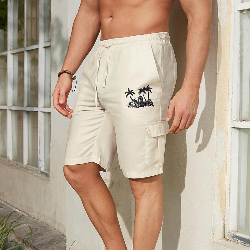 Men's Cargo Shorts Summer Shorts Drawstring Elastic Waist Print Coconut Tree Graphic Prints Breathable Soft Short Casual Daily Holiday Streetwear