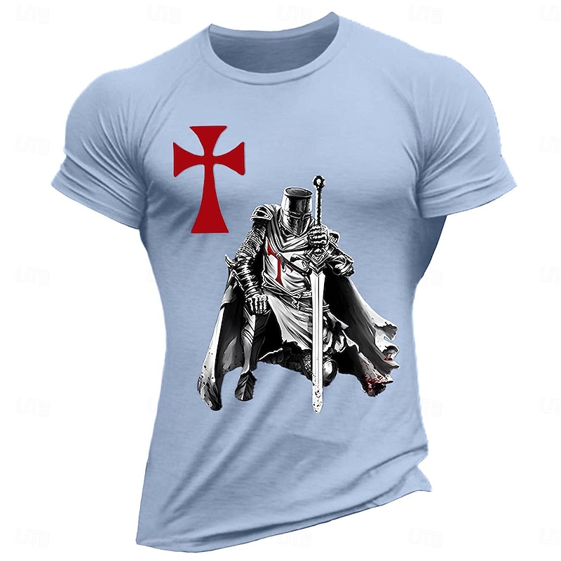 Men's Templar Knight Graphic T-Shirt, Crusader Medieval Warrior Short Sleeve with Red Cross3
