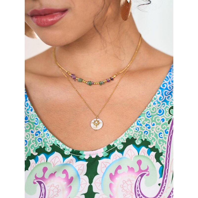 Women's Chic Multi-Colored Natural Stone and Shell Pendant Necklace - Gold-Plated Stainless Steel Chain with Cubic Zirconia Accent