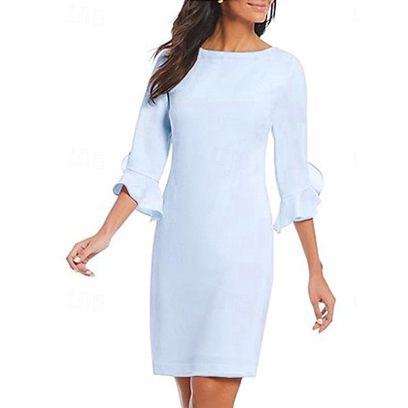 Sheath Cocktail Dresses Minimalist Dress Cocktail Party Knee Length 3/4 Length Sleeve Jewel Neck Fall Wedding Guest Chiffon with Ruffles Dresses