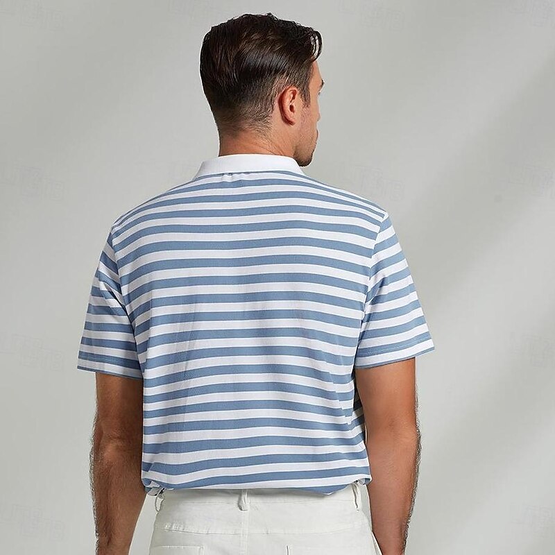 Men's Shirt Striped Horizontal Stripes Casual Cable Knit Polo Short Sleeve Outdoor Causal Casual Summer Print Turndown Black Blue Micro-elastic 48% cotton, 48% polyester, 4% spandex4