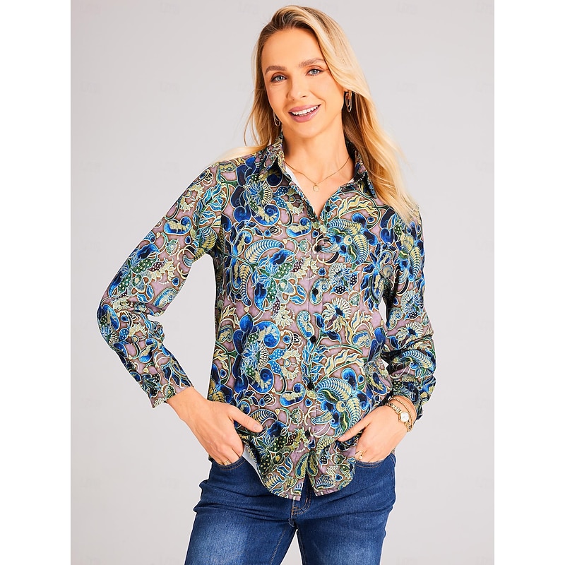Women's Shirt Button Down Tunic Shirt Collar Long Sleeve Hawaiian Maroon Black Pink Graphic Floral Print Casual Vintage Regular Holiday Clothes2