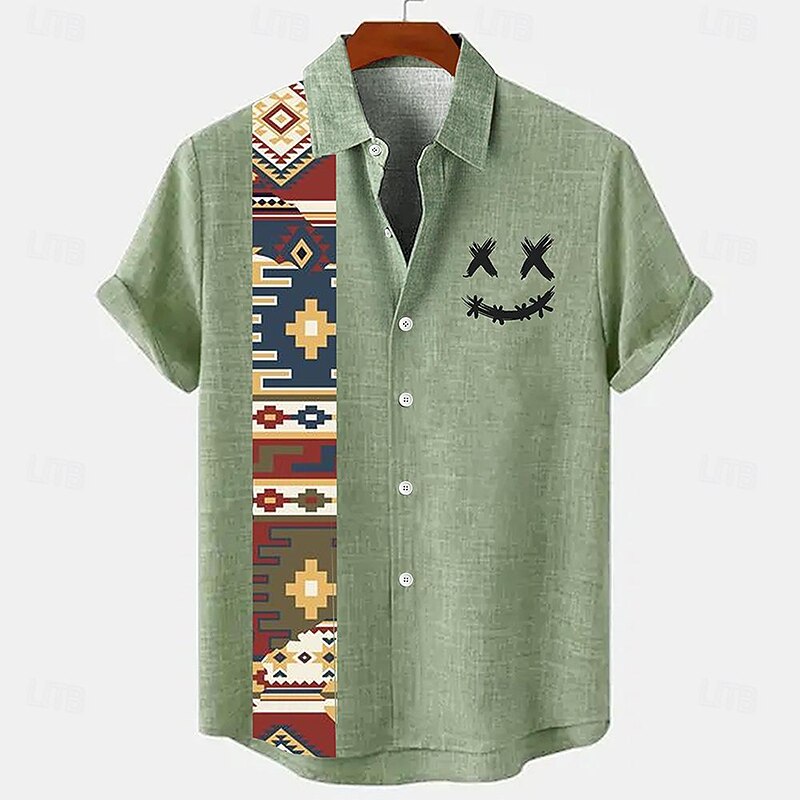 Men's Linen Shirt Retro Shirts Vintage Shirt Ethnic Shirt Smile Face Outdoor Casual Blue Brown Green Short Sleeve Stand Collar Summer Spring Clothing Apparel Print4