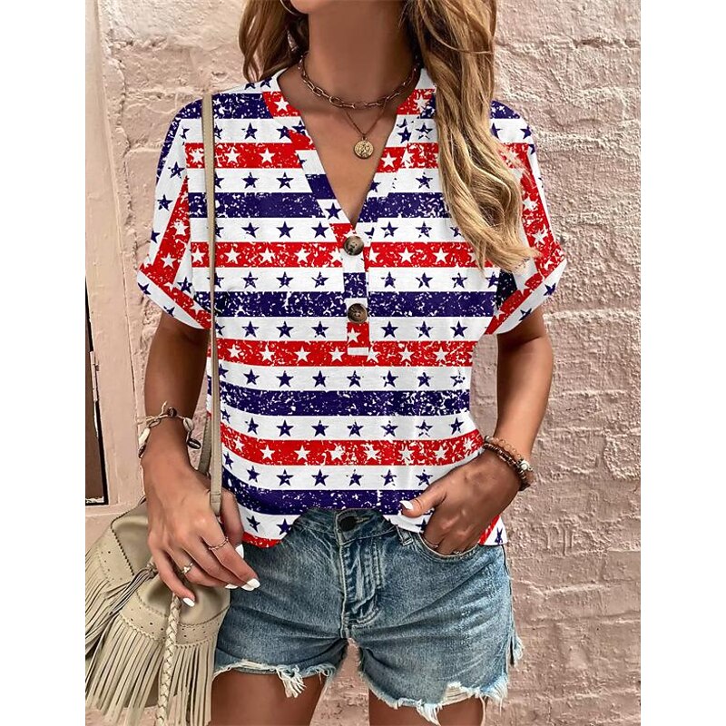 Women's T Shirt Floral Fashion Short Sleeve V Neck Regular Tops Daily Weekend Buttons Print Black White Wine Red Summer