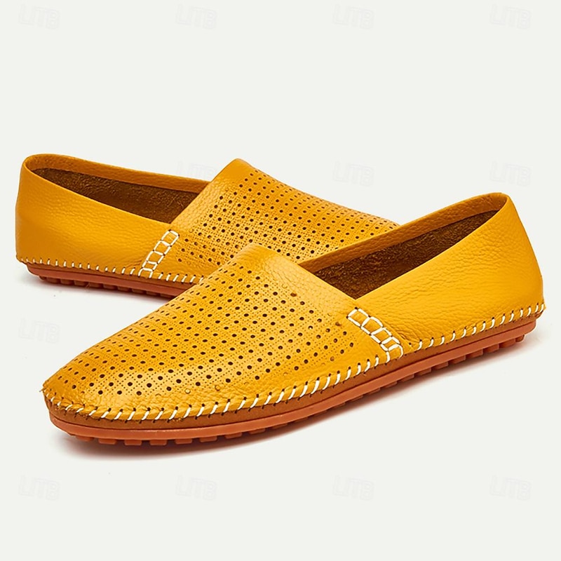 Men's Yellow Perforated Leather Slip-On Loafers with Hand-Stitched Detailing - Casual Breathable Driving Shoes for Summer3