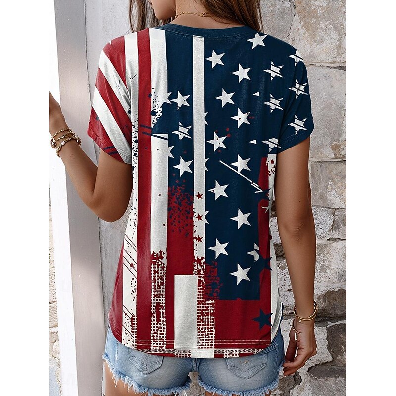 Women's Patriotic  T Shirt American Flag Stylish Red White And Blue Short Sleeve V Neck Regular Tops Daily Buttons Print Blue Summer2