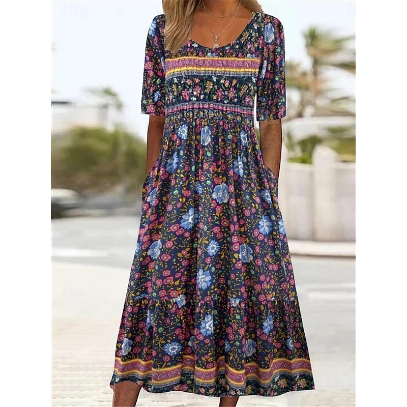 Women's Midi Dress Casual Dress Summer Dress Boho Dress Ethnic Casual Vacation Daily Date Regular Fit Floral Short Sleeve Crew Neck White Navy Blue Royal Blue Blue Summer3