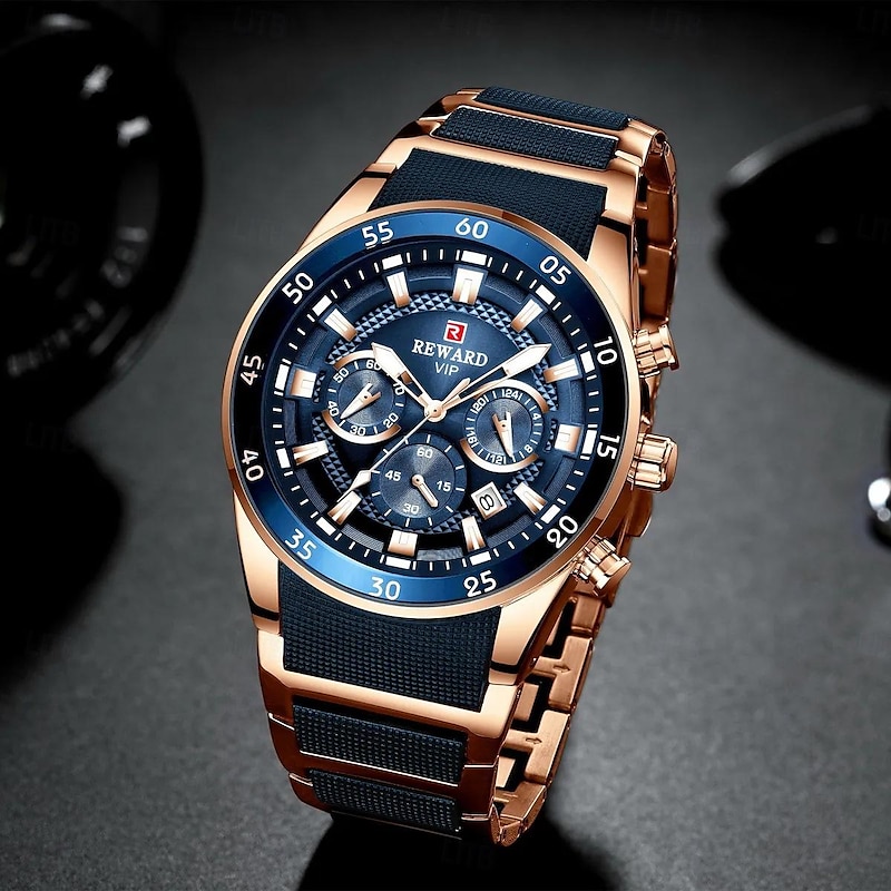 REWARD Men Quartz Watch Outdoor Sports Fashion Casual Luminous Calendar Chronograph Waterproof Steel Silicone Gel Watch