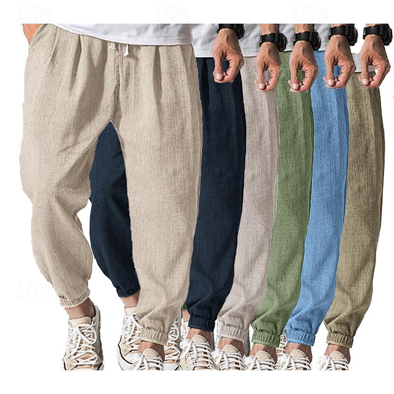 Men's Joggers Linen Pants Trousers Summer Pants Drawstring Elastic Waist Plain Comfort Soft Daily Beach Fashion Streetwear Dark Khaki Black Micro-elastic