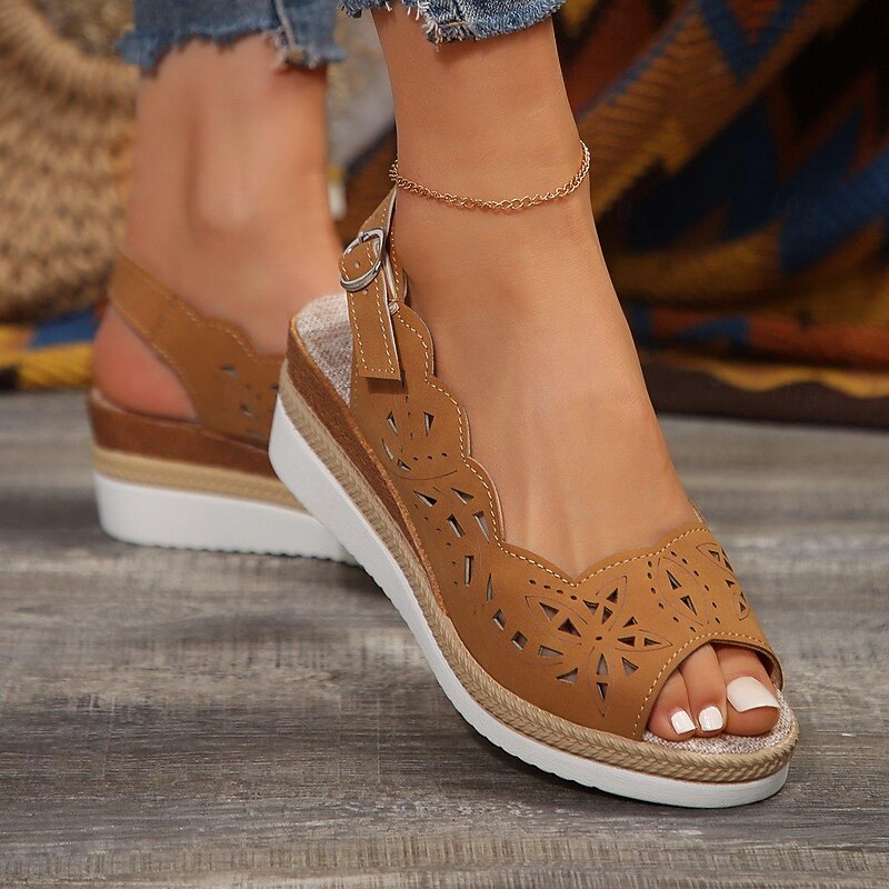 Women's Cutout Wedge Sandals – Comfortable Slingback Peep Toe Summer Shoes with Scalloped Edges for Casual Wear, Beach Days, and Travel4