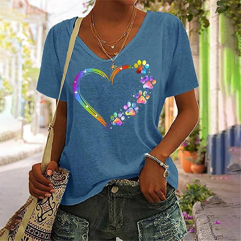 Women's T Shirt Heart Fashion Modern Half Sleeve V Neck Regular Tops Vacation Daily Black White Blue Gray Summer2