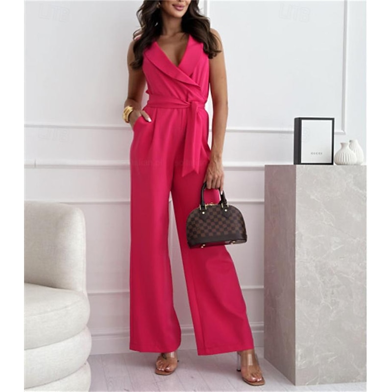 Women's Normal Jumpsuit Elegant Solid Color Sleeveless Straight V Neck Pocket Daily Regular Fit Black White Fuchsia Summer2